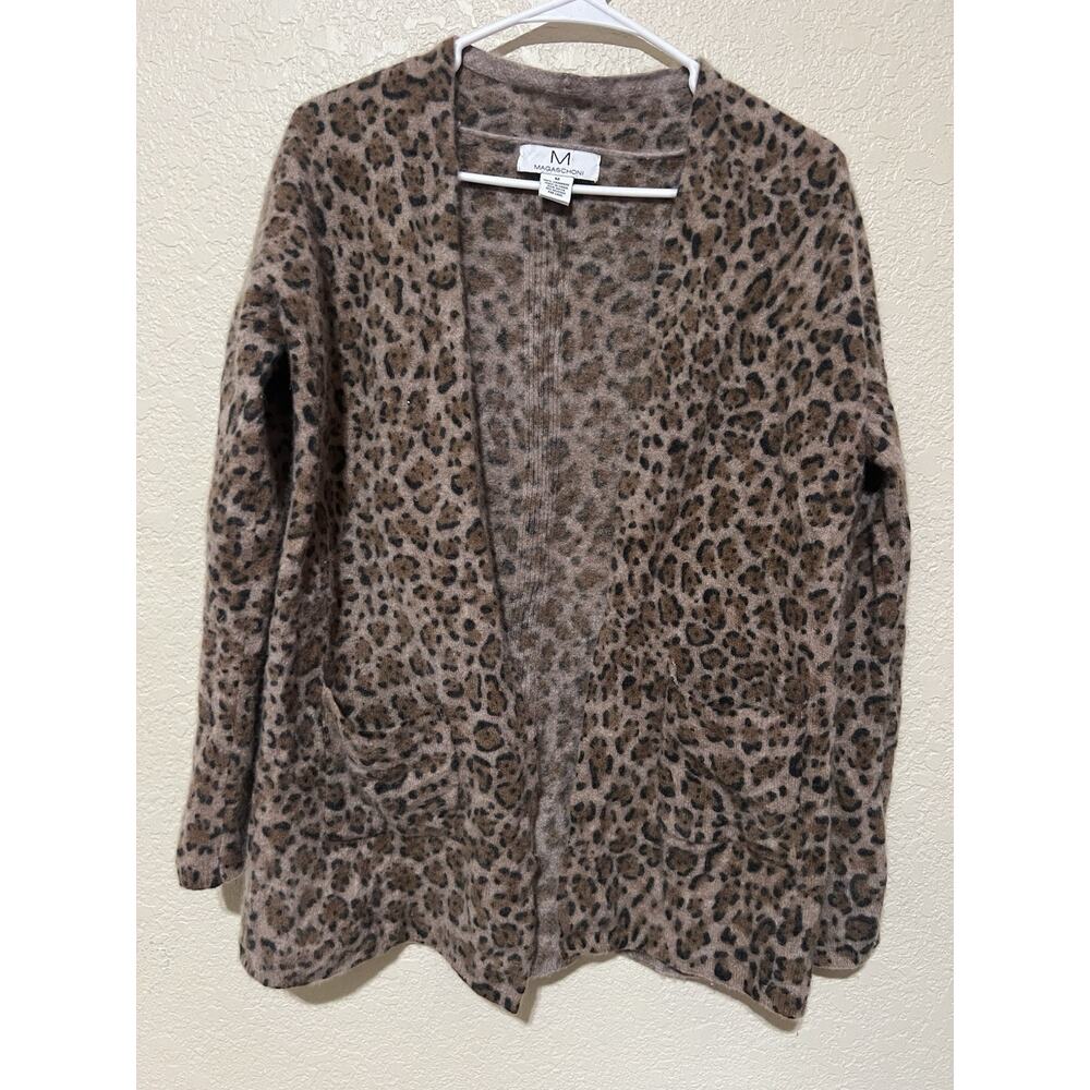 Magaschoni 100% Cashmere Open Front Cardigan Sz M Pockets Leopard Print